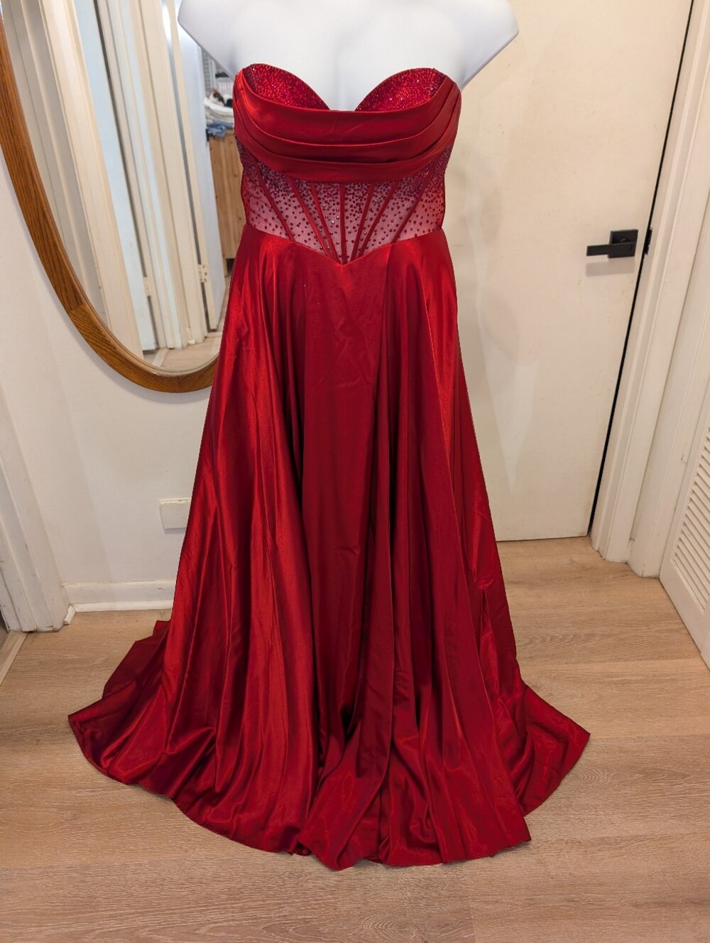 Red Strapless Evening Gown with Sheer Embellished Bodice